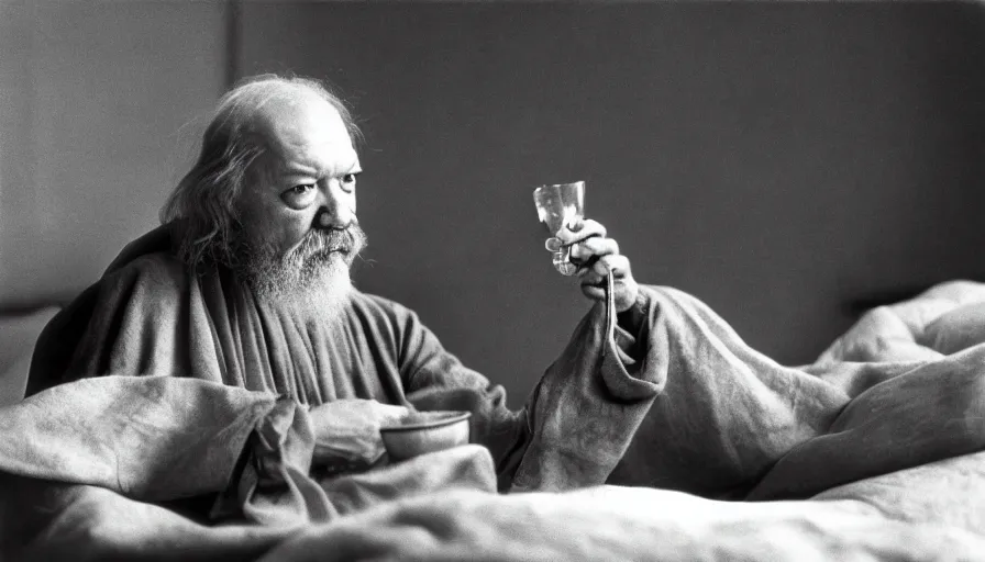 Image similar to 1 9 6 0 s movie still by tarkovsky of an elder socrates drinking a hemlock bowl on a bed, cinestill 8 0 0 t 3 5 mm b & w, high quality, heavy grain, high detail, panoramic, ultra wide lens, cinematic composition, dramatic light, anamorphic, raphael style, piranesi style