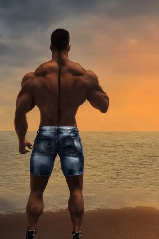 Prompt: a very muscular and defined man wearing ripped pants and shirt looking to the sea at sunset, godrays, complementary colors, natural lighting, portait image, path tracing, serene landscape, high quality, highly detailed, 8K, soft colors, warm colors, turbulent sea, high coherence, anatomically correct, hyperrealistic, concept art, defined face, five fingers, looking to the camera