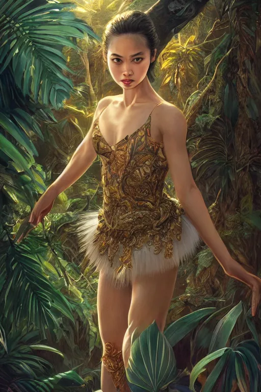 Prompt: stunningly beautiful, filipina prima ballerina in jungle, symmetrical face, golden hour, smooth, focus, highly detailed, hyper realistic, dramatic lighting, elegant, intricate, concept art, low angle, art by wlop, mars ravelo, greg rutowski, artstation