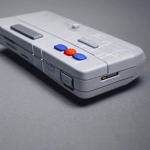 Prompt: photo of a super nintendo, product shot, hdr sharp and detailed