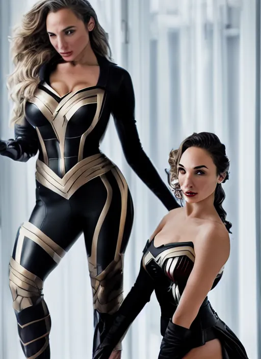 Prompt: portrait of lindsey pelas and gal gadot as a spy wearing tuxedo, by charlotte grimm, natural light, detailed face, beautiful features, symmetrical, canon eos c 3 0 0, ƒ 1. 8, 3 5 mm, 8 k, medium - format print, half body shot