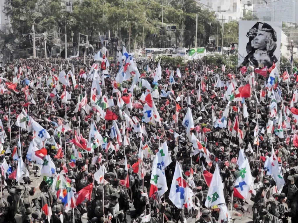 Image similar to military dictatorship with peace symbols, police state with flowers coming from mouth