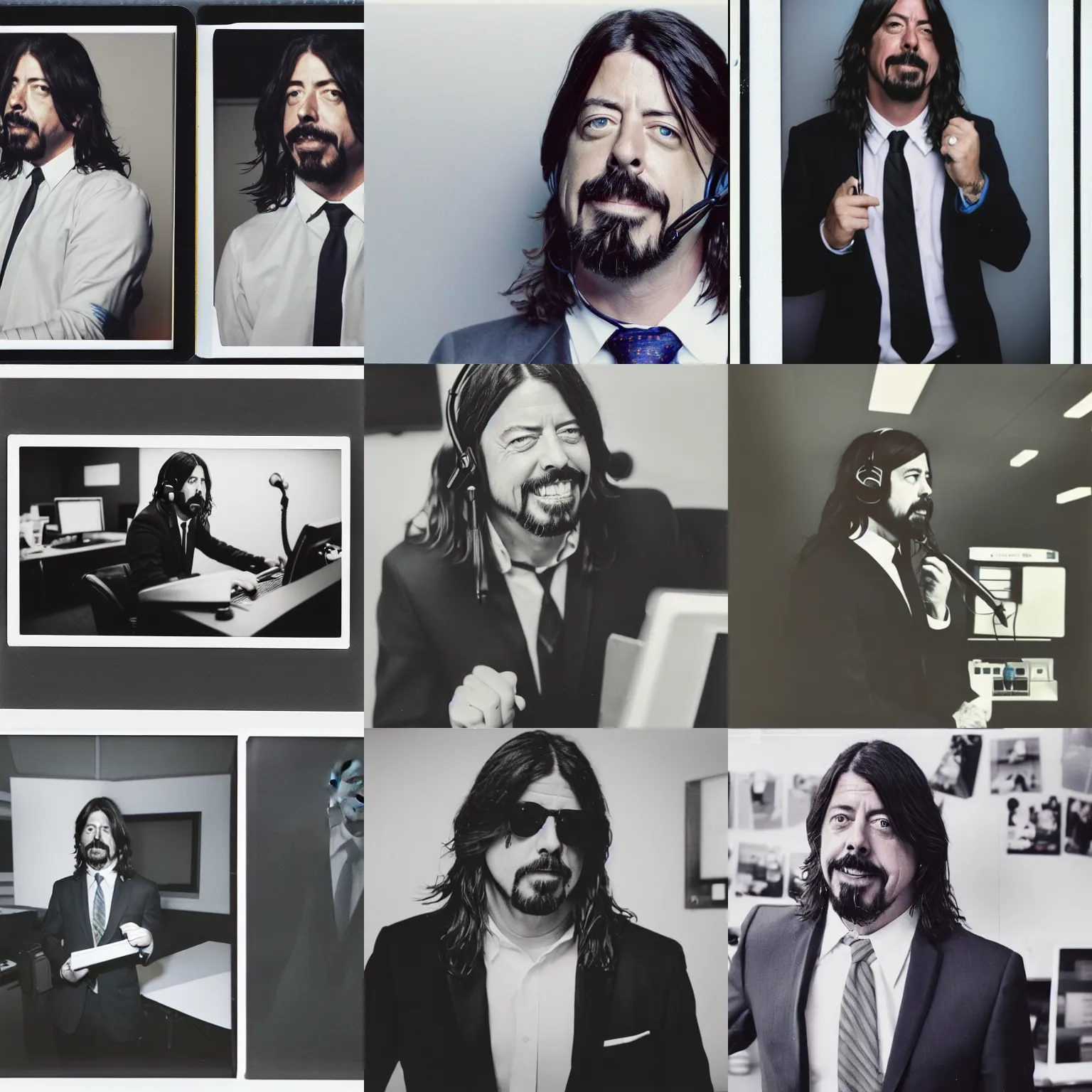 Prompt: Dave Grohl, wearing a suit, working in a call center, polaroid photograph, upscaled to 4k