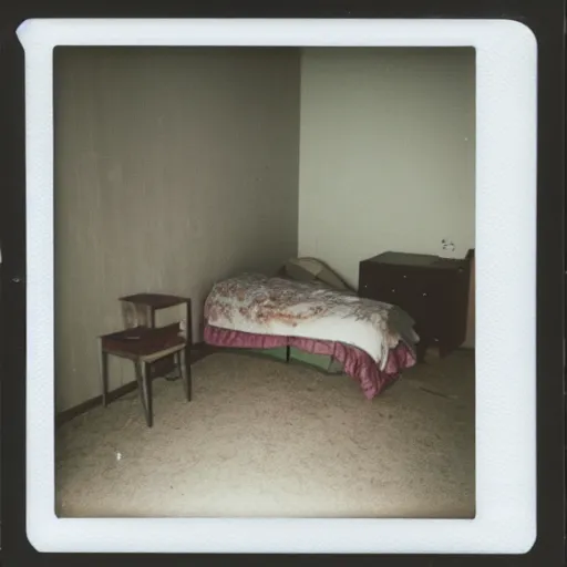 Prompt: a polaroid photo a of an abandoned and rather lonely college student's bedroom, completely empty, desolate and devoid atmosphere, faint string lights hung on the wall can be seen, shot with portra 400