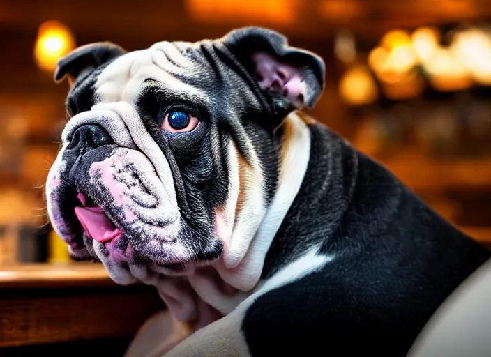 Image similar to a closeup, 4 5 mm, detailed photograph of a english bulldog drinking a beer on a bar - stool, sitting at a bar on a bar - stool, beautiful low light, 4 5 mm, by franz lanting