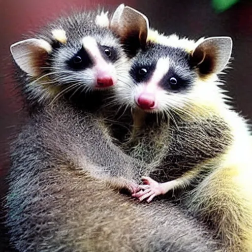 Prompt: An opossum and an american Raccoon hugging, cute photograph