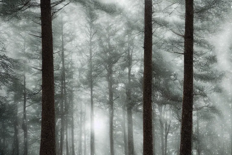 Image similar to portrait of pine trees in a forest during a blizzard. shadow and light. rays of light. energetic, dynamic, lively, detailed, intricate, complex. fine art by hayao miyazaki, akira toriyama, makoto shinkai, and ohara koson. studio lighting. tilt and shift lens. bokeh.