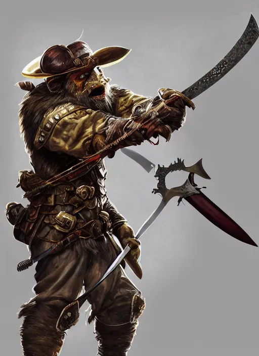 Image similar to photorealistic bugbear ranger holding sword on fire, magic, black beard, dungeons and dragons, pathfinder, roleplaying game art, hunters gear, jeweled ornate leather and steel armour, concept art, character design on white background, by sargent, norman rockwell, makoto shinkai, kim jung giu, artstation trending, poster art, colours red