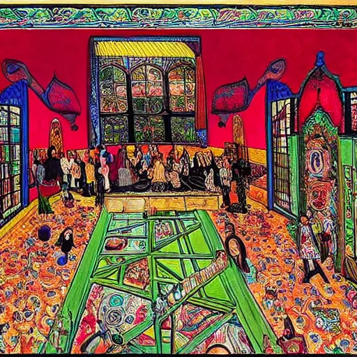 Image similar to A beautiful mixed media art of a large room with many people in it. There is a lot of activity going on, with people talking and moving around. The room is ornately decorated and there is a large window at one end. parchinkari inlay by Grayson Perry, by Edvard Munch loose