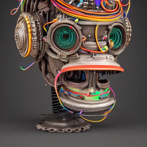 Image similar to a detailed claymodel of a dieselpunk rococo robot head wearing multicolored wires and headphone, 8 k, front view, symetrical, flourescent colors, halluzinogenic, multicolored, exaggerated detailed, front shot, 3 d render, octane