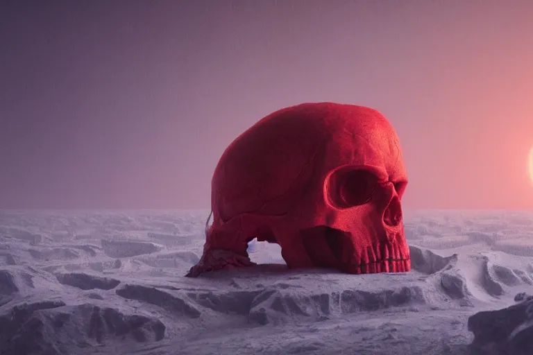 Image similar to a hd render of a floating red skull, surreal frozen landscape, cinematic lighting, by beeple and zdzisław beksinski