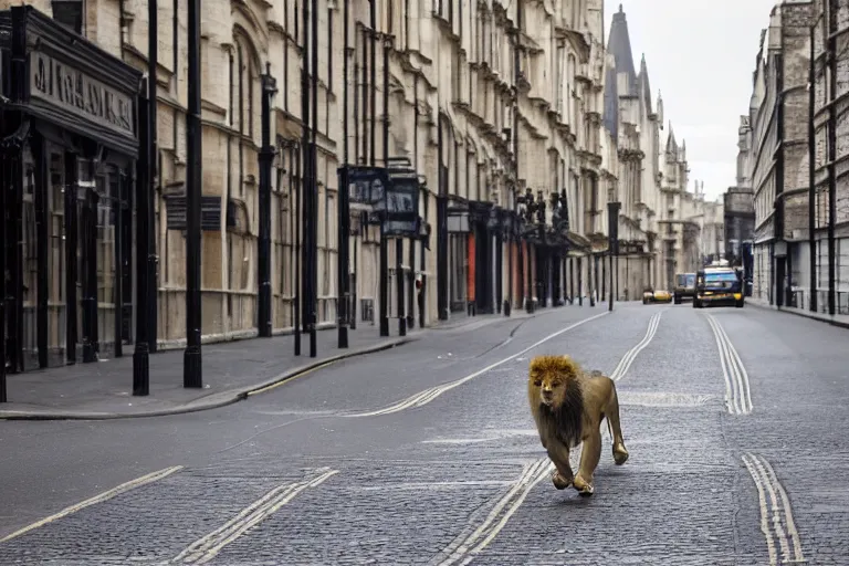 Prompt: Photo of a lion walking through the empty streets of london, highly detailed, award winning, Canon 100-400mm f/4.5-5.6 II,