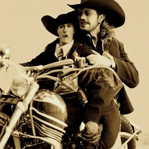 Image similar to a cute little, creature, on the shoulders of a tall, stocky man with long hair and a long trench coat and cowboy hat, next to a motorcycle