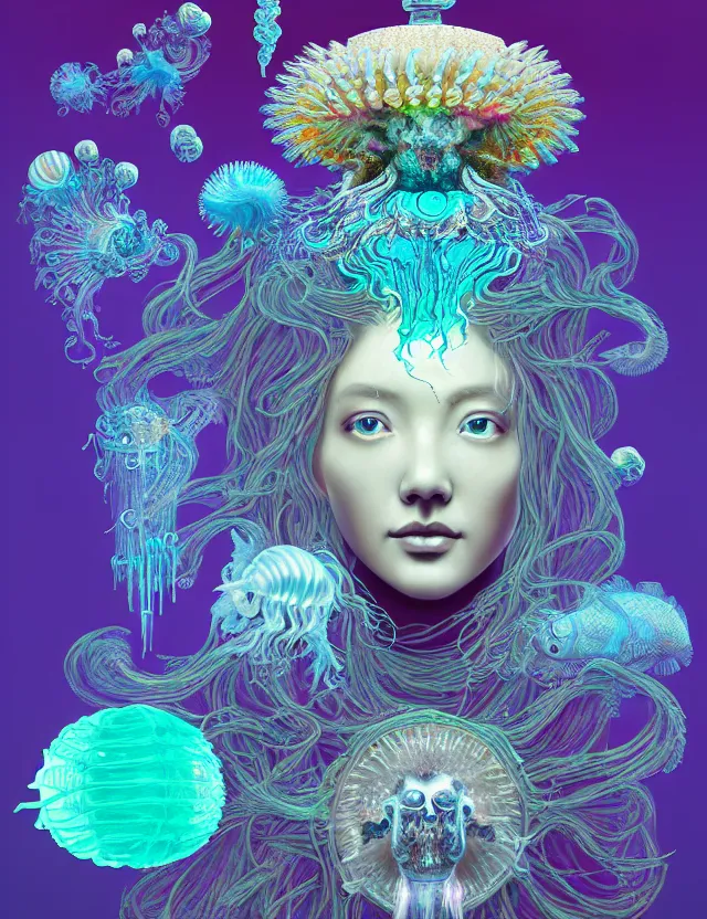 Prompt: goddess macro shouler portrait from bottom to top in crown made of ram skull. betta fish, jellyfish phoenix, bioluminiscent, plasma, ice, water, wind, creature, super intricate ornaments artwork by tooth wu and wlop and beeple and greg rutkowski