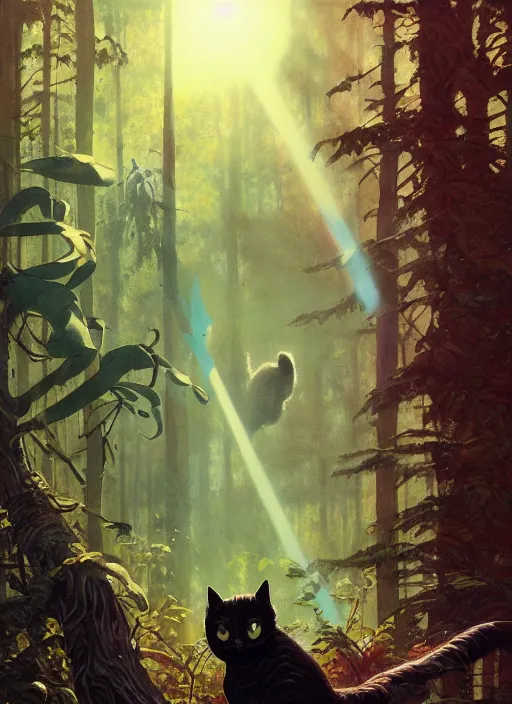 Image similar to a hyper realistic ink cat alien technology and sunbeams blue sky, lush forest foliage painting by chiara bautista and norman rockwell and greg rutkowski weta studio, and lucasfilm