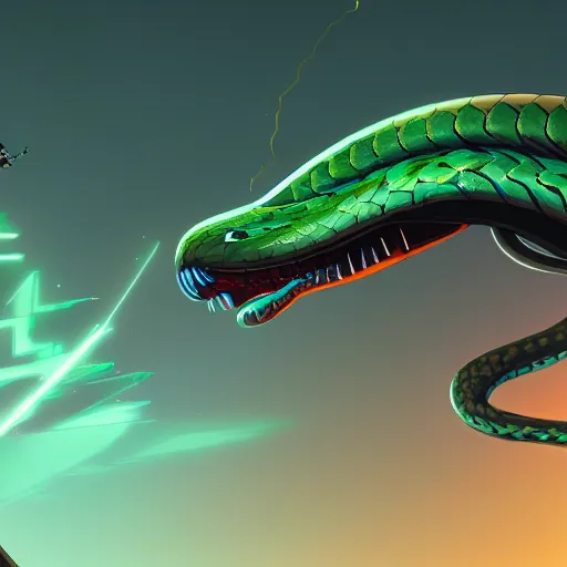 Image similar to concept art of gigantic snake robot flying through an ethereal green sky, fighting a mehcanical kangaroo, 4 k, trending on artstation, 8 k