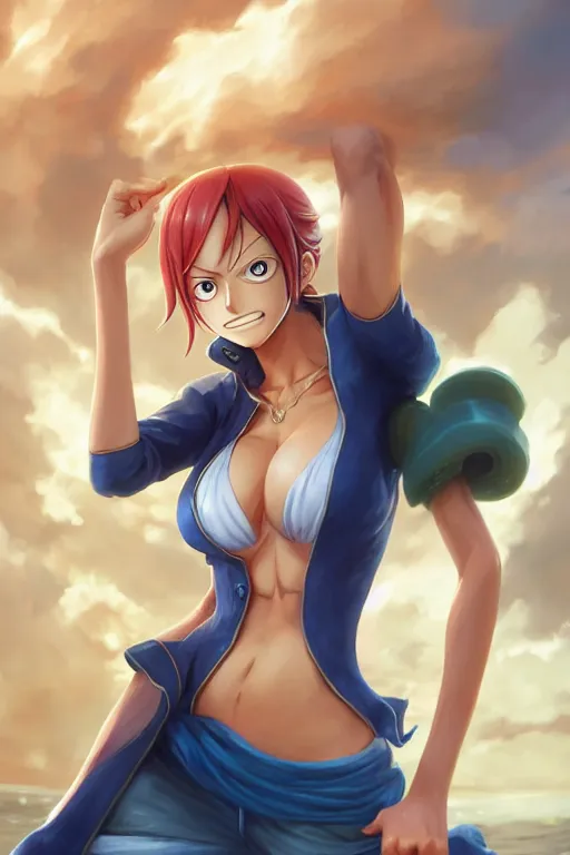 Prompt: Nami from One Piece, anatomy, only two hands, highly detailed, digital painting, artstation, concept art, smooth, sharp focus, illustration, Unreal Engine 5, 8K, art by art by artgerm and greg rutkowski and edgar maxence