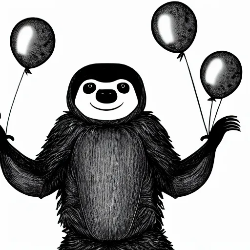 Prompt: book illustration of a sloth holding balloons, book illustration, monochromatic, white background, black and white image