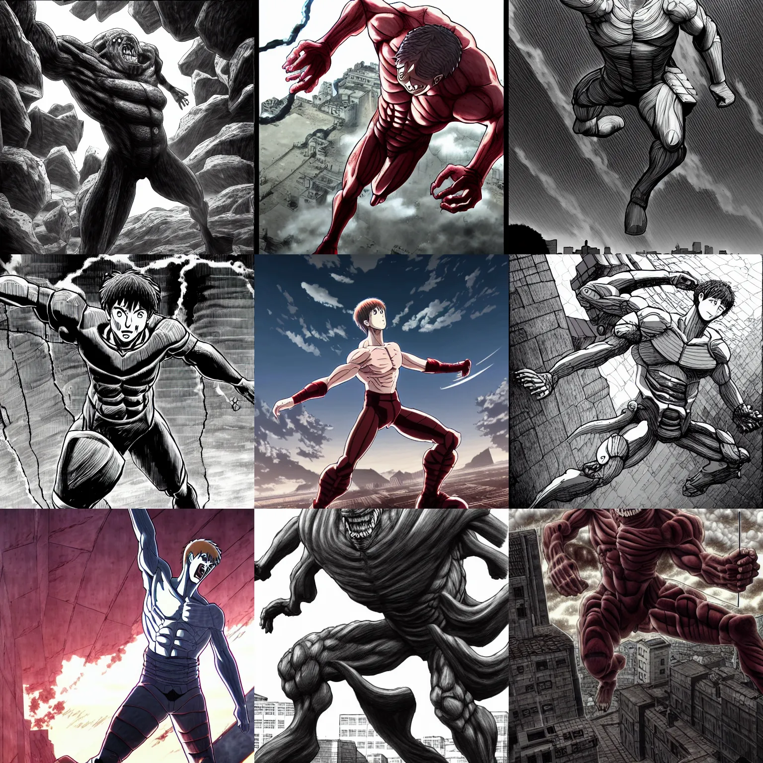 Prompt: mark zuckerberg as a titan attacking the wall, 4 k manga illustration by hajime isayama, in the style of attack on titan, mappa, wit studio, colossal titan, dark atmosphere, steam, new york in the style of a medival city