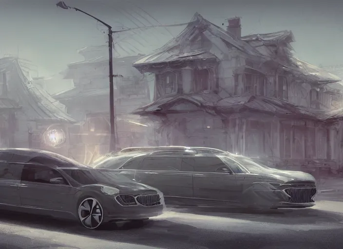 Prompt: average design of a long town car with 4 doors. design by cory loftis, fenghua zhong, bradbuilds, ryohei hase, ismail inceoglu, ruan jia, henrik fisker, bruce kaiser, scott robertson, dmitry mazurkevich, doruk erdem, and jon sibal. volumetric light