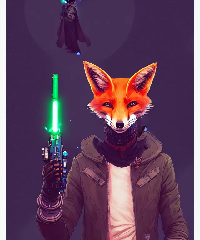 Prompt: a portrait of an anthropomorphic cyberpunk fox holding a lightsaber, fantasy, elegant, digital painting, artstation, concept art, matte, sharp focus, illustration, art by josan gonzalez