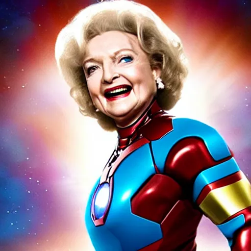 Image similar to promotional still of betty white as marvel's iron man [ film ], hero pose but shy, action, adventure, romance, imax 7 0 mm, 4 k