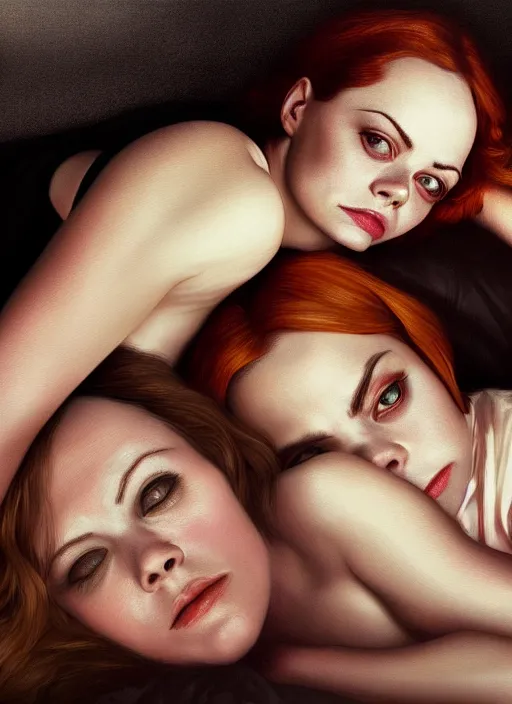 Prompt: christina ricci and emma stone lying in bed, backround dark, highly detailed, digital illustration, trending in artstation, modern painting, smooth, sharp focus, intricate, einar jonsson, ilya repin