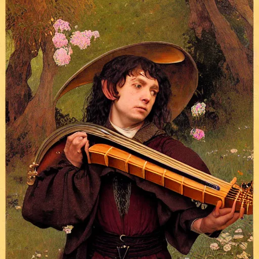 Image similar to half length portrait of billie ellish as a hobbit bard playing the mandolin, d & d, medieval, fantasy, giger, royo, klimt, miro, vallejo, frazetta, alphonse mucha, greg rutkowski, whealan