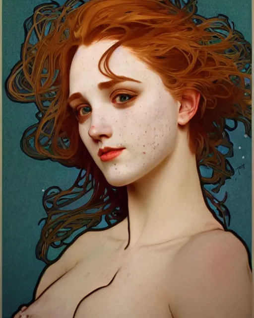 Image similar to Portrait of a Beautiful ravishing Envious modern woman, trending on ArtStation, Alphonse Mucha, Detailed, Realism Symmetrical Face, Photorealistic Color Scheme. Freckles, Blemishes