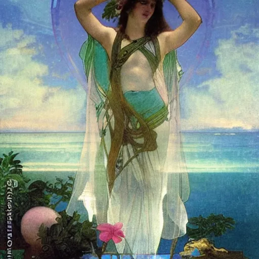 Image similar to Close up of the girl's chalice, refracted sparkles, thunderstorm, greek pool, beach and Tropical vegetation on the background major arcana sky, by paul delaroche, alphonse mucha and arnold böcklin, hyperrealistic 8k, award-winning, very very very detailed