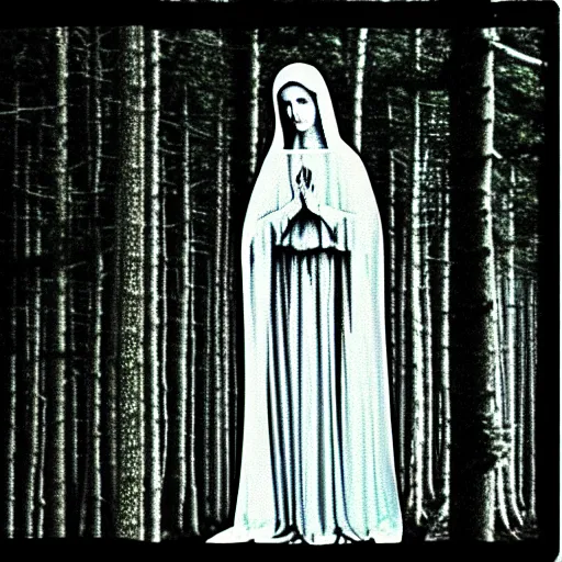 Image similar to marian apparition in forest, found footage, vhs, 1 9 9 0, beautiful, highly realistic, highly detailed, vhs noise static, black and white, vhs glitch