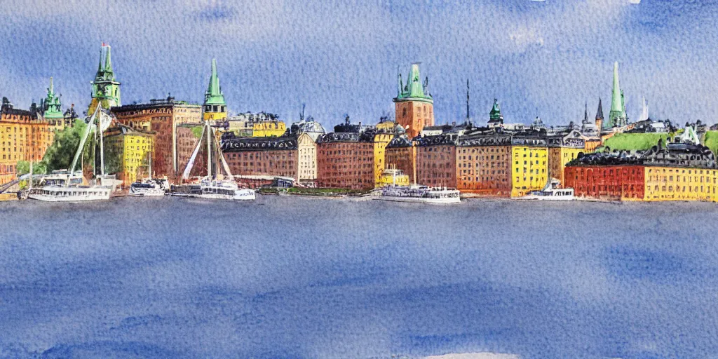Image similar to Stockholm seen from the sea, realistic watercolour