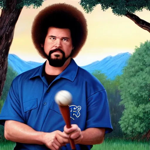 Image similar to a closeup photorealistic photograph of bob ross painting an image of kenny powers pitching a baseball on a canvas. mountains and trees. film still. brightly lit scene. this 4 k hd image is trending on artstation, featured on behance, well - rendered, extra crisp, features intricate detail, epic composition and the style of unreal engine.