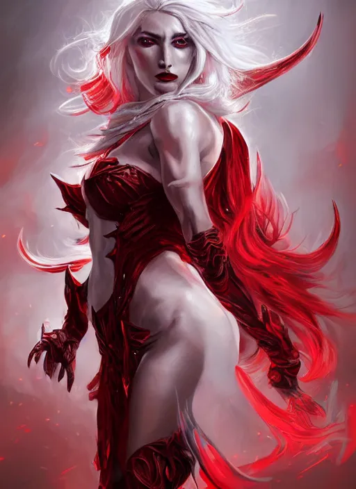 Prompt: a highly detailed illustration of fierce beautiful long white haired horned demon woman wearing red and black battle dress, dramatic power pose, perfect face, perfect body, intricate, elegant, highly detailed, centered, digital painting, artstation, concept art, smooth, sharp focus, league of legends concept art, wlop.