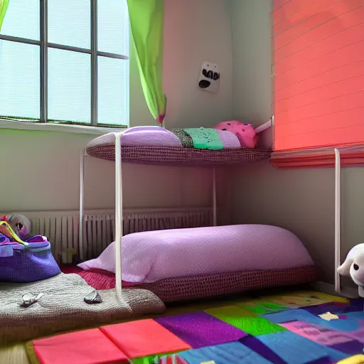 Image similar to eye - level view, in a child's bedroom filled with toys there is a bed under a window. a colorful comforter is on the bed. a super cute gsd puppy runs and jumps and plays on the bed. hilarious, funny, back to school comedy, cg animation, 3 d octane render, imax 7 0 mm,