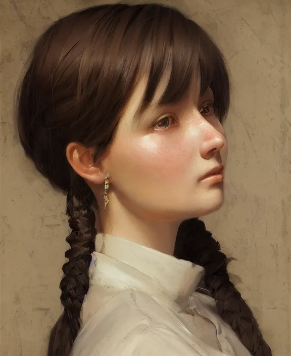 Image similar to an ultradetailed beautiful portrait painting of a girl as an antiquarian, side view, oil painting, high resolution, by ilya kuvshinov, greg rutkowski and makoto shinkai