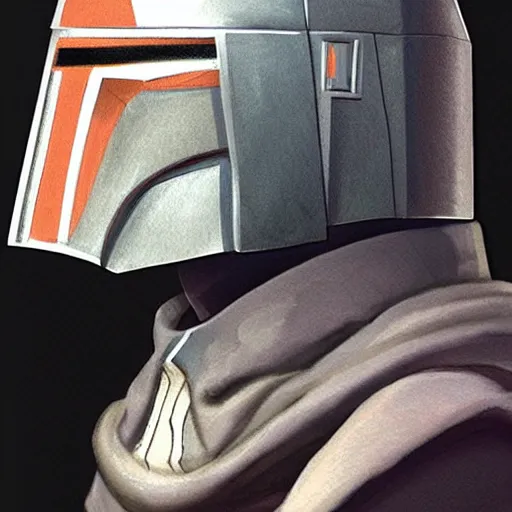 Prompt: a robed, hooded jedi knight wearing a mandalorian mask, concept art