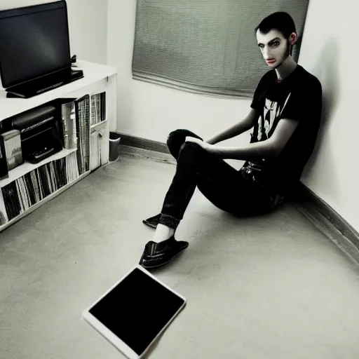 Image similar to a skinny goth guy sitting on the floor of his room, crossed legs, laptop, smartphone, video games, tv, faded effect, photograph, kodak film, realism,