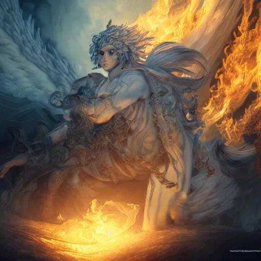 Image similar to A epic and beautiful rococo painting of a angelic werewolf inside a burning cathedral. demon slayer style. ultra-detailed. Anime, pixiv, UHD 8K CryEngine, octane render