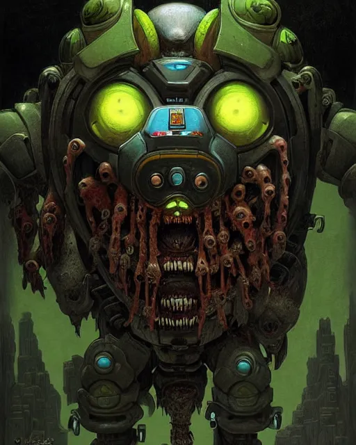 Image similar to orisa from overwatch, with an evil and crazy look inn her eyes, character portrait, portrait, close up, concept art, intricate details, highly detailed, horror poster, horror, vintage horror art, realistic, terrifying, in the style of michael whelan, beksinski, and gustave dore