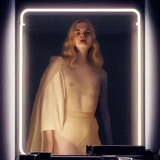 Image similar to Elle Fanning gazing in a mirror, pitch black room, extremely detailed masterpiece, oil on canvas, low-key neon lighting, artstation, Blade Runner 2049, Roger Deakin’s cinematography, by J. C. Leyendecker and Peter Paul Rubens,