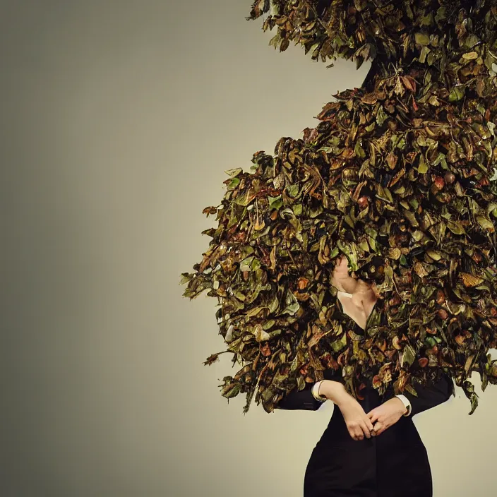 Prompt: a closeup portrait of a woman wearing suit made of leaves and chains, picking apples from a tree, foggy, moody, photograph, by vincent desiderio, canon eos c 3 0 0, ƒ 1. 8, 3 5 mm, 8 k, medium - format print