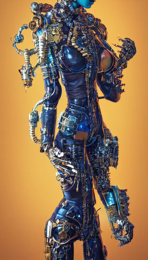 Image similar to full body head to toe portrait of a flowerpunk sci-fi cyborg ninja, third person, D&D, sci-fi fantasy, intricate, blue and gold, highly detailed, art by Range Murata, highly detailed, 3d, octane render, bright colors, digital painting, trending on artstation, sharp focus, illustration style of Stanley Artgerm, dramatic background