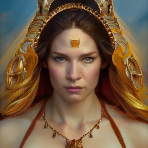 Prompt: an portrait of a female fire goddess, detailed, centered, digital painting, artstation, concept art, donato giancola, Joseph Christian Leyendecker, WLOP, Boris Vallejo, Breathtaking, 8k resolution, extremely detailed, beautiful, establishing shot, artistic, hyperrealistic, beautiful face, octane render