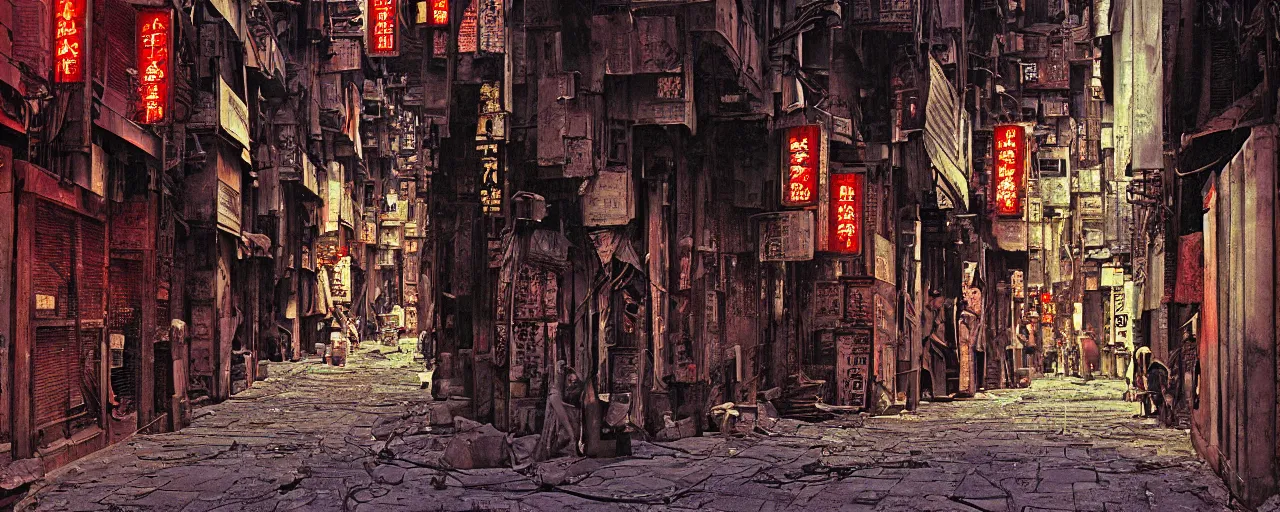 Image similar to digital painting, wideangle view of a narrow alley in kowloon walled city, dirty, sodium lights, , evening, cinestill, art by jean giraud