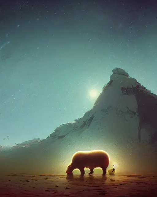 Image similar to white capybara under a sky full of stars, surreal photography, volumetric light, impressionist painting, digital painting, artstation, kilian eng, john harris, bastien lecouffe - deharme, simon stalenhag