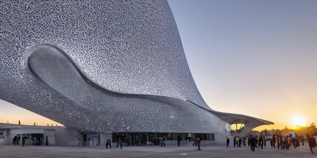 Image similar to extremely detailed ornate stunning sophisticated beautiful elegant futuristic museum exterior by Zaha Hadid, stunning volumetric light, sunset, concrete ant translucent material, stunning skies, 8k dragonfly structural pattern