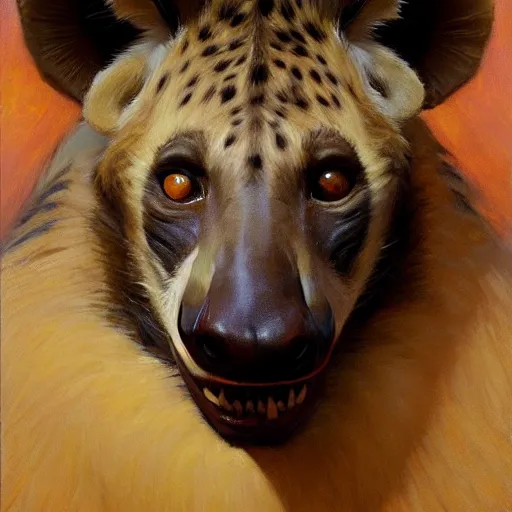 Prompt: a portrait of a hyena wearing a suit and smiling at the viewer. highly detailed painting by gaston bussiere, craig mullins, j. c. leyendecker 8 k