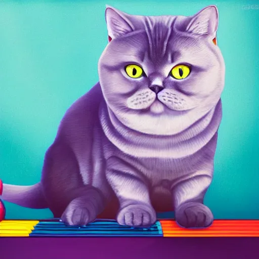 Image similar to portrait of a grey british shorthair cat sitting on wavy piano keyboard with musical notes in the background detailed colorful blue purple cyan luminescent airbrush oil painting in 4 k