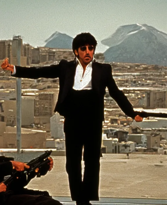 Image similar to extreme long shot. tony montana from movie scarface 1 9 8 3. staying with m 1 6 riffle. table with mountains of cocaine in background. al pacino. perfect symmetric face, coherent eyes, fine details, 4 k, ron cobb. cinestill